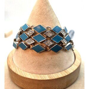 Blue Enamel & Silver Geometric Diamond Link Bracelet With Rhinestone Accents & L